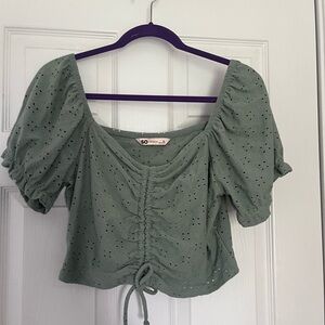 SO Green Puff Sleeve Ruched Crop Blouse
